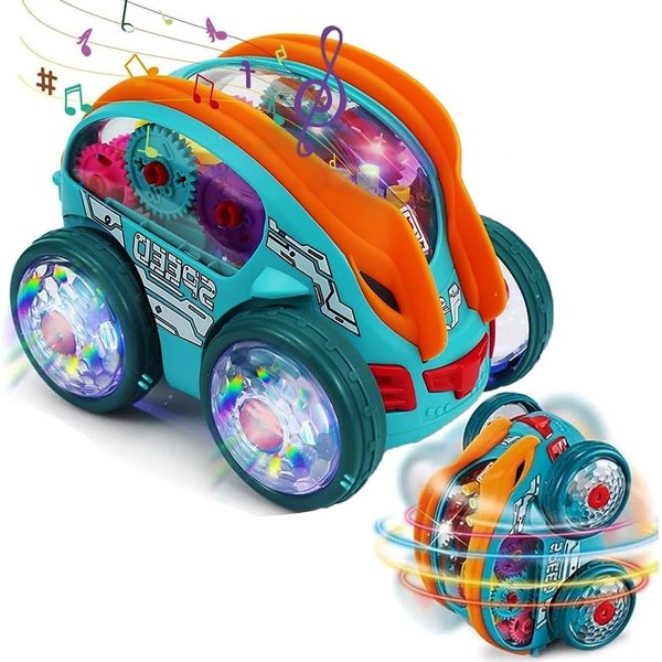 Dynamic Gear-Powered Car with Led Lights, Children's Transparent Luminous Toy Car, Bump and Go Toy Cars with Colorful Moving Gears, Suitable for Children Aged 3+ Years (1PCS, Not Included Batteries)