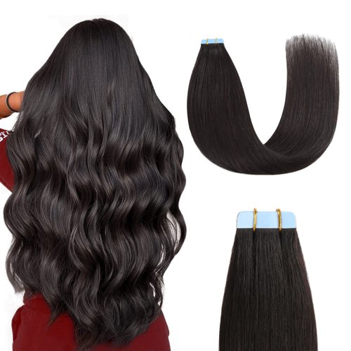 Sunya Tape in Hair Extensions 20 inches Silky Straight Remy Human Hair Seamless Skin Weft Tape in Human Hair Extensions 20 inches #1B Natural Black 50 Gram 20Pcs/Pack Thick Hair