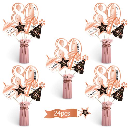 Boao Rose Gold Birthday Party Decoration Set Golden Birthday Party Centerpiece Sticks Glitter Table Toppers for Women Party Decorations Supplies, 24 Pieces(80 Years)