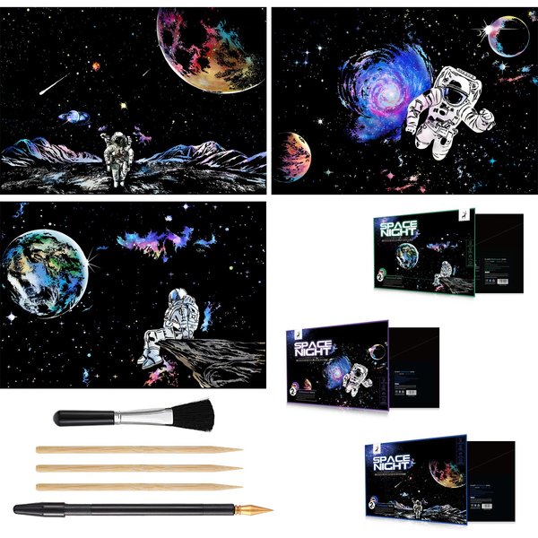 Space Series Scratch & Engraving Art Paper Kit (16"x11.2") for Kids & Adults - Rainbow Sketch Cosmos Astronaut Starry Sky Painting Painting Scratchboard- 3 Pack with 5 Tools: Drawing Pens, Clean Brush