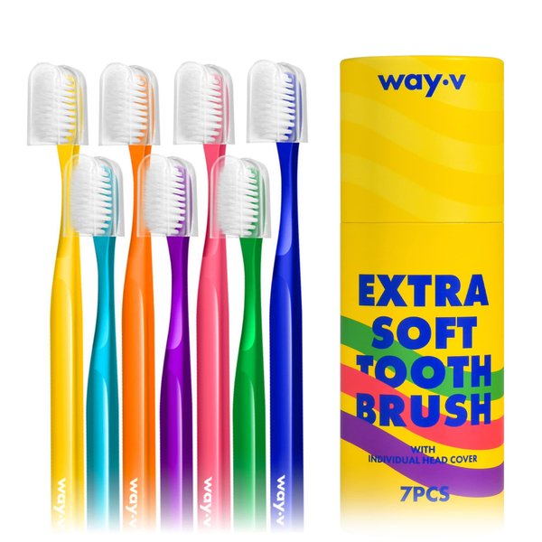 WAY.V Extra Soft Toothbrush for Adults Sensitive Gums and Teeth with Individual Head Covers, 7 Pcs Manual Toothbrushes - Family and Guests (7 Counts, Soft Bristle)