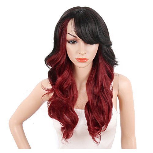 KRSI Ombre Red Synthetic Wigs for Black Women Dark Roots Long Natural Wavy Full Synthetic Hair Wigs For Women Side Parting With Bangs Heat Friendly Replacement Wigs 24 Inches (Ombr 1B/Red)