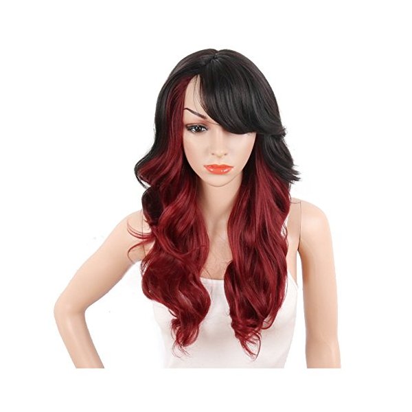 KRSI Ombre Red Synthetic Wigs for Black Women Dark Roots Long Natural Wavy Full Synthetic Hair Wigs For Women Side Parting With Bangs Heat Friendly Replacement Wigs 24 Inches (Ombr 1B/Red)