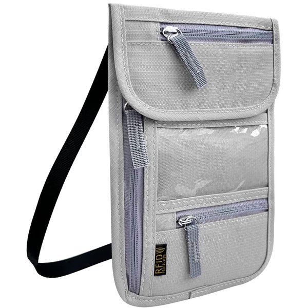 Travel Neck Wallet, RFID Blocking Passport Holder with Adjustable Neck Strap for Men and Women to Keep Cash, Credit Cards and Travel Documents Safe - Grey