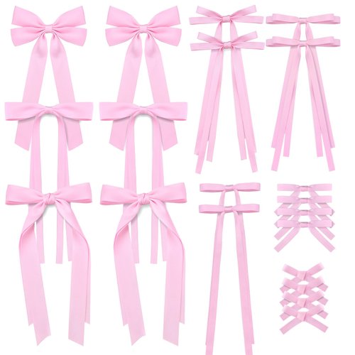 20PCS Pink Hair Bows for Women, Hair Ribbons for Girls Hair, 12PCS Long Tassel Bowknot Ponytail Holder and 8PCS Short Tail Hair Clips, Solid Silky Hair Barrettes Satin Hair Accessories