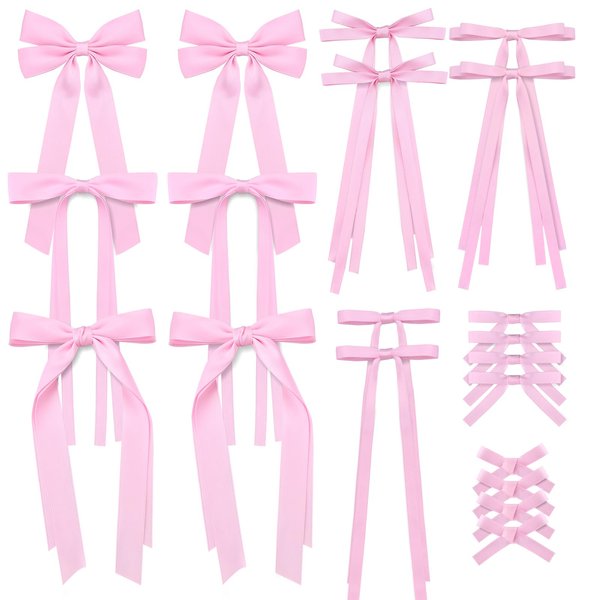 20PCS Pink Hair Bows for Women, Hair Ribbons for Girls Hair, 12PCS Long Tassel Bowknot Ponytail Holder and 8PCS Short Tail Hair Clips, Solid Silky Hair Barrettes Satin Hair Accessories