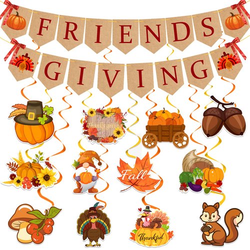 Friendsgiving Decorations, Thanksgiving Decorations, Friendsgiving Banner Sign Thanksgiving Banner with 12pcs Hanging Swirls Bows Fall Decorations for Home Indoor Outdoor Friendsgiving Party Favors