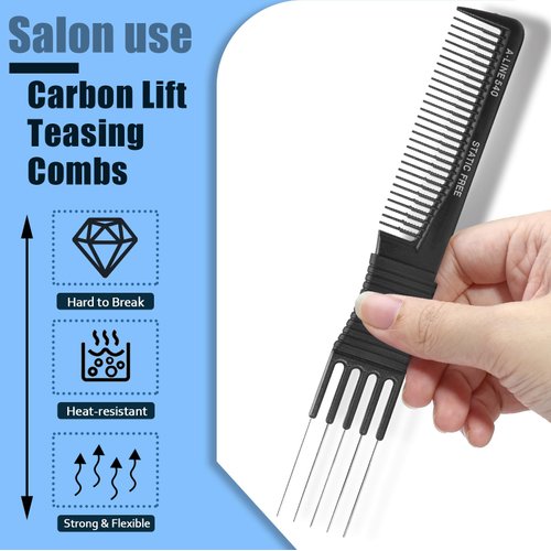 Biaungdo Carbon Lift Teasing Comb with Metal Prong, 2 Pack Black Hair Teasing Combs Hair Pick Comb Teasing Lifting Fluffing Comb with 5 Stainless Steel Pins for Women, Hair Salon