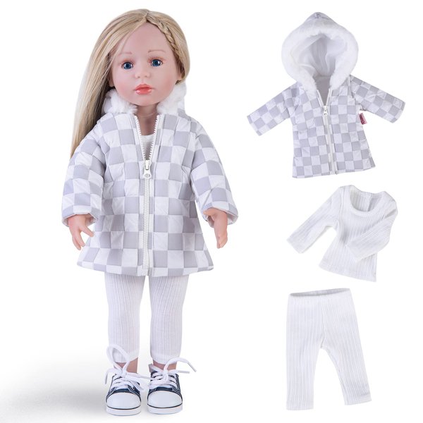 Rakki Dolli Doll Clothes 3 Pc. Set Grey-White Plaid Hooded Thick Coat with Long Sleeve Doll Outfit Fits for 18" American Girl Dolls (Doll & Shoes not Included) 011