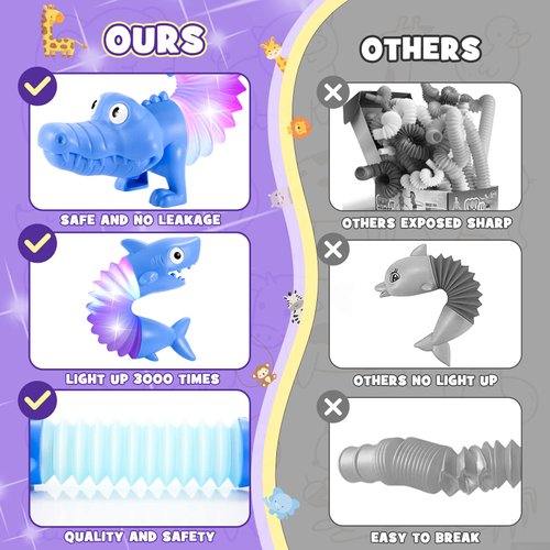 Animals Christmas Fidget Toys for Toddlers: 6 Pack LED Animal Pop Tubes for Kids 2 3 4 5 6 7 Year Old Girls Boys Birthday Gifts Autism Sensory Toy for Kid Age 3-5 Tube Light Up Party Favors