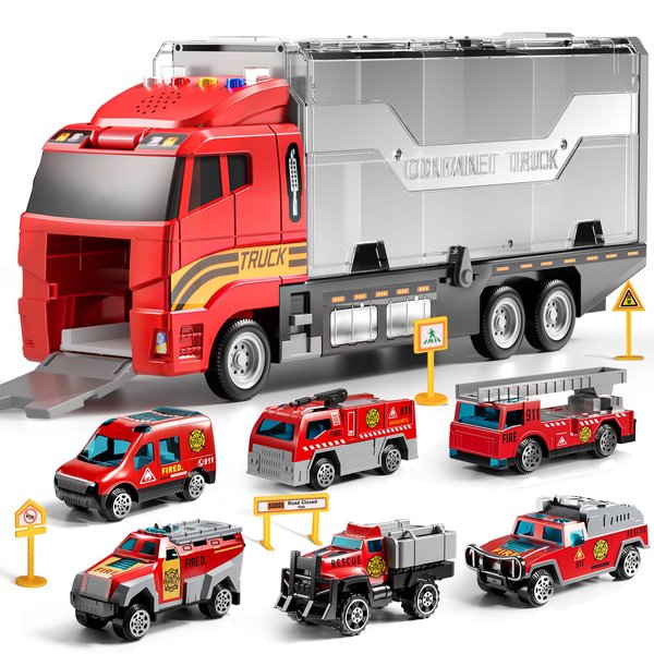 TEMI Fire Truck Toy Set with Play Mat, Carrier Truck Toys for Kids Toddlers, Die-Cast Metal Toy Car Set, Truck Car Kids Toys Christmas Birthday Gift for Age 3 4 5 6 + Years Old Boys Girls