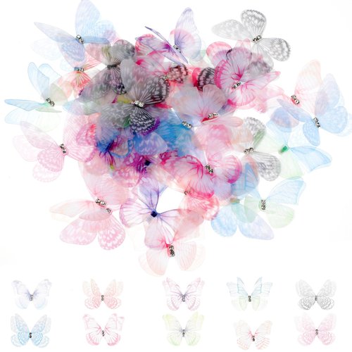 60 Pcs Butterflies for Crafts, Organza Fabric Butterfly Appliques Colorful 3D Lace Butterfly 2 Layers Wall Decoration for DIY Wedding Party Decoration Clothes Ornament Home Decor, 10 Styles