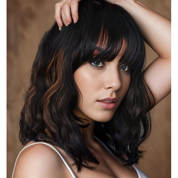 Short Black Brown Wigs with Bangs 14Inch Wavy Curly Bob Wig for Women Shoulder Length Natural Looking Hair Replacement Wig for Daily Party Use Cosplay Costume Halloween Wig