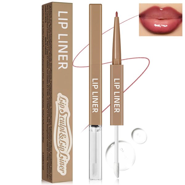 HOSAILY Double-ended Lip Liner with Clear Lip Oil, Moisturizing High Shine Transparent Lip Glow Oil with Nude Pink Lip Liner Set, Non-Sticky Plumping Lip Gloss Combo Lipstick Makeup-02