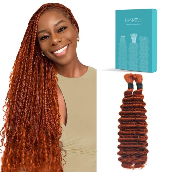 Lvnatu Ginger Boho Human Braiding Hair Color 350 For Bohemian Knotless Braids Deep Wave Bulk No Weft 2 Bundles 100g 20 Inch