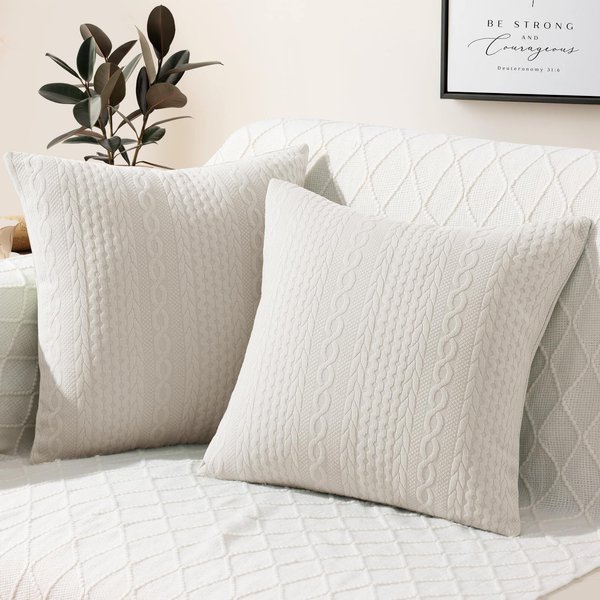 Cikary Decorative Throw Pillow Covers 18x18 Set of 2 for Sofa Bed with Raised Twisted Rope Pattern, Stretchy Embossed Couch Pillow Covers, Beige