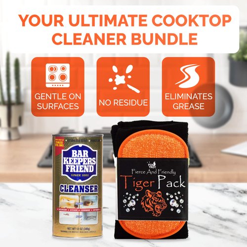 Fox Trot Bar Keepers Friend Powder Cleanser, 12oz Multipurpose Barkeepers Friend Cleaners, Stainless Steel Cleaner Tiger Pack, Black Pro-Grade Microfiber Towel & Dual-Sided Sponge, Bartenders Friend