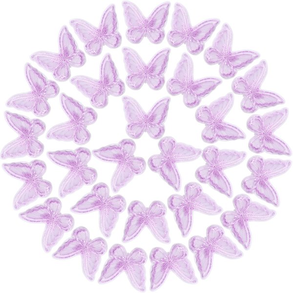 PAGOW 30pcs Butterfly Lace Trim, Double Layers Organza Fabric Embroidery Sewing Craft Decor Applique Patches for Wedding Bride Hair Accessories Dress Decoration (Purple)