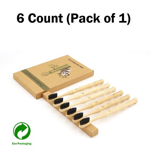 Virgin Forest Bamboo Toothbrush, Vegan Natural ECO Friendly Wood Toothbrushes, Biodegradable Organic Charcoal Tooth Brush, Pack of 6