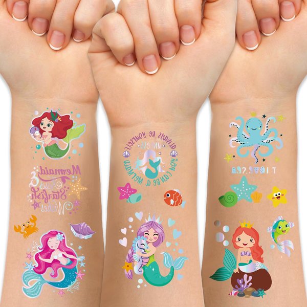 Mermaid Temporary Tattoos for Kids，86 Metallic Style Bronzing Fake Tattoos For Mermaid Birthday Party Gift Favor，Adorable Mermaid Tail Starfish Conch Octopus Ocean Animal Design