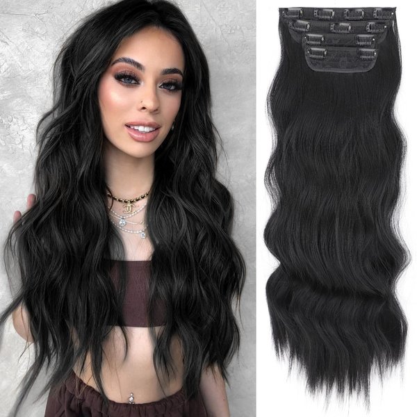 Vigorous Clip in Hair Extensions 4PCS Black Hair Extensions Soft Synthetic Hairpieces 24 Inches Clip in Hair Extensions for Women