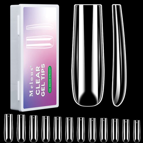 XXL Square Nail Tips, Melous 600 PCS Full Cover Stright Clear False Nail Tips Gel x Nail Tips