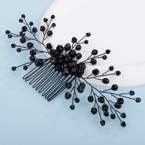 Kercisbeauty Black Beads Hair Comb Long Hair Piece Jewelry Wedding Brides Halloween Costume Party Black Jewelry for Women Girls