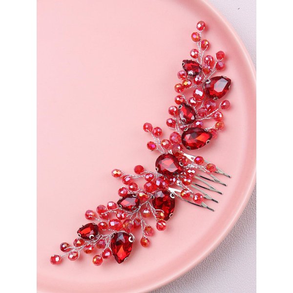 Brihasory Bride Wedding Hair Comb Rhinestone Bridal Hair Accessories Flower Hair Piece Party Prom Valentine Day Side Comb Crystal Hair Clips for Women and Girls Hair Decoration(Red)