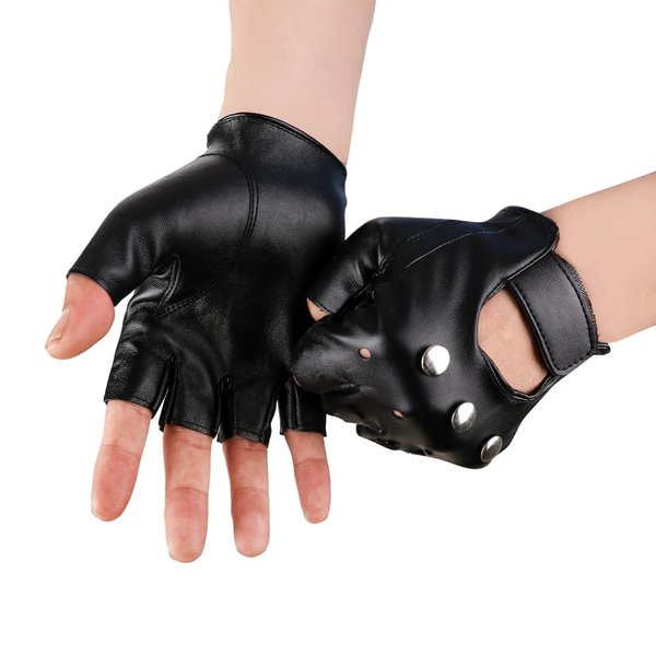 JISEN Men Fingerless Steampunk Gloves Black PU Faux Leather Biker Gloves Half Finger Punk Costume Accessories