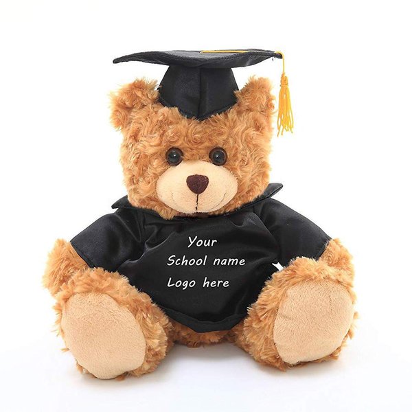 Plushland Plush Stuffed Animal Toys 12 Inches Present Gifts for Graduation Day, Personalized Text, Name or Your School Logo on Gown, Best for Any Grad School Kids (Black Gown)