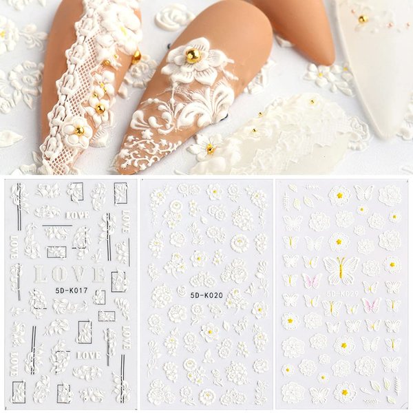 5D Stereoscopic Embossed Nail Art Stickers White Flower Nail Decals Relief Self-Adhesive Butterfly Nail Stickers Nail Art Supplies Nail Designs for Women DIY Acrylic Nail Decorations (3 Sheets)