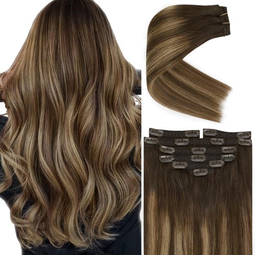 Ve Sunny Hair Extensions Clip ins Balayage Brown Remy Human Hair Clip in Extensions Invisible Clip in Hair Extensions Human Hair Dark Brown Ombre Caramel Brown Straight Hair 20inch 7pcs 120g