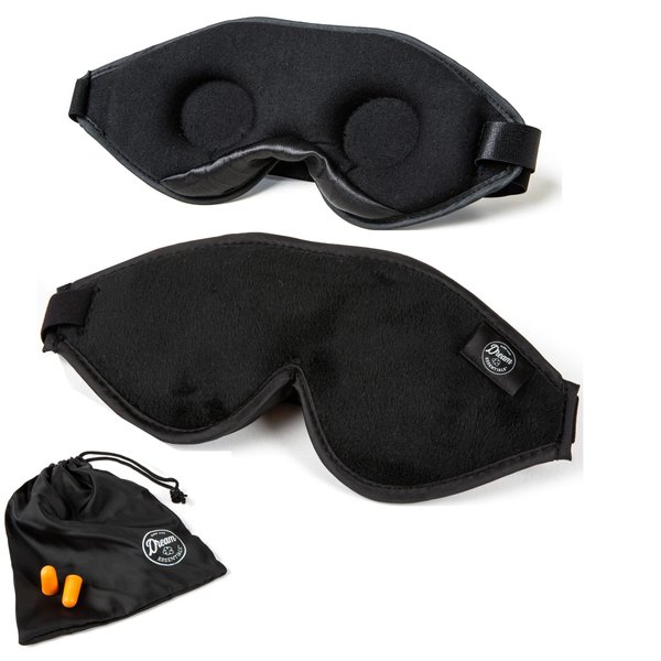 Dream Essentials - Escape 3D Sleep Mask, Earplugs and Carry Pouch Set, Molded Eye Shade for Men and Women, Contoured, Nose Bridge, Light Block, Memory Foam, Gift Set, Travel, Yoga, Blindfold - Black