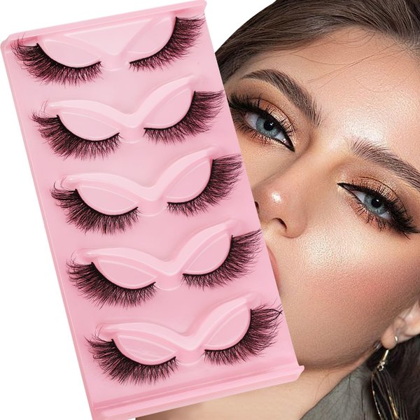 Palimainy False Eyelashes,lash strips,cat eye lashes，lashes wispy,mink lashes fluffy, lashes wispy,Wispy Eyelashes Pack 5 Pairs 14mm, Black