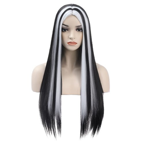 MAGQOO Black White Wig Long Straight Black White Wigs for Women Girls Middle Part Heat Resistant Hight Density Synthetic Wigs (Black White)