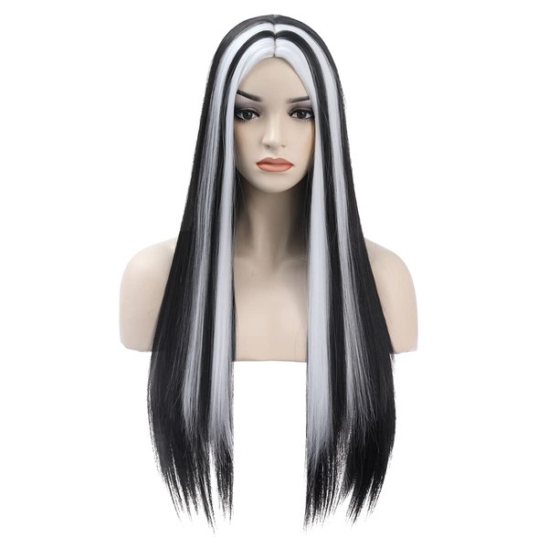 MAGQOO Black White Wig Long Straight Black White Wigs for Women Girls Middle Part Heat Resistant Hight Density Synthetic Wigs (Black White)