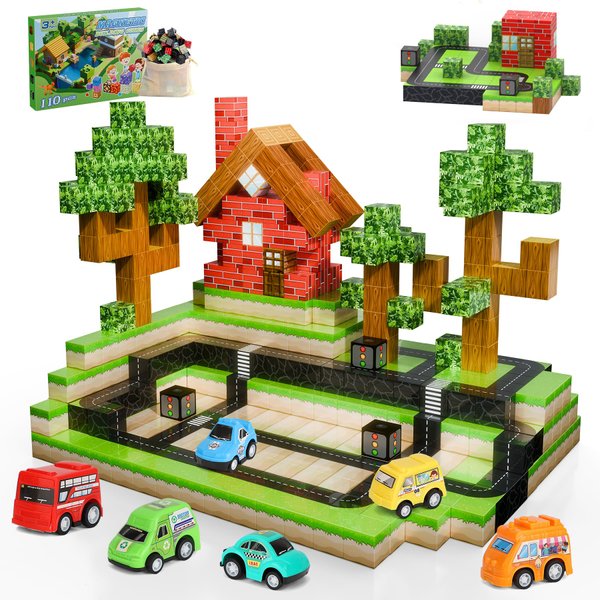 Dulsaera Magnetic Blocks 110PCS with 5 Car Toys, City Building Blocks Set, Toys for Boys & Girls Age 4-6, 6-8, Stacking Building Toys for Toddlers Sensory Toy for Kids 3+