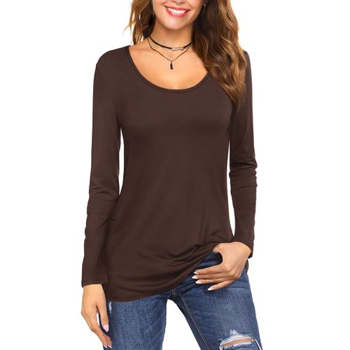 Amoretu Long Sleeve T-Shirts for Women Casual Cotton Tunic Tops Blouses Brown XL