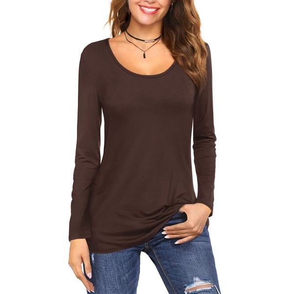 Amoretu Long Sleeve T-Shirts for Women Casual Cotton Tunic Tops Blouses Brown XL