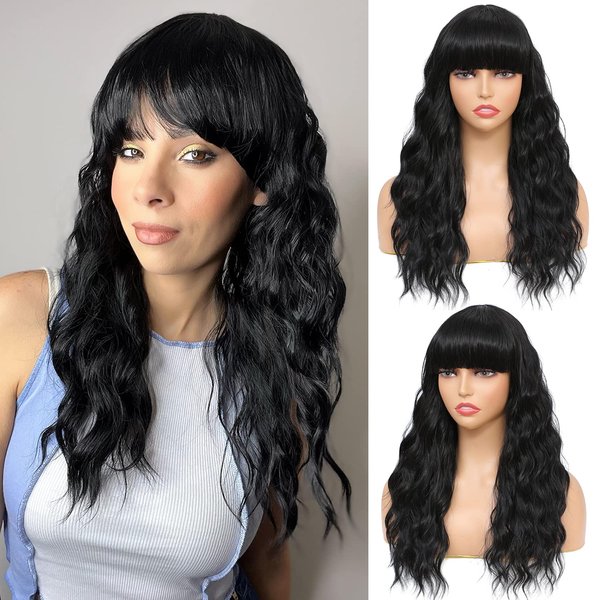 SOKU Black Wavy Wig with Bangs for Women 20 Inches Synthetic Nature Curly Wig for Girls Medium Length Heat Friendly Wave Hair Natural Looking Realistic Bangs Wigs for Women Daily Party Costume