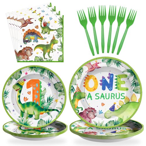 96Pcs Dinosaur 1st Birthday Decorations Paper Plates for Boy,One a Saurus Birthday Party Supplies Watercolor Dinosaur First Birthday Disposable Plates for 1 year old Boy,Dinnerware Set Serve 24
