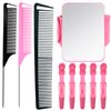 9 Pcs Hair Parting Comb Rat Tail Comb Set- 2 Pieces Braiding Comb Styling Comb 1 Fine and Wide Tooth Comb and Magnetic Wrist Sewing Pincushion Pin Cushion Holder with 5 Alligator Hair Clip (Pink)