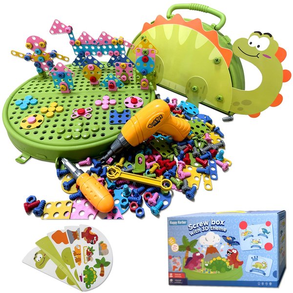 Magic Montessori Play Toolbox, Montessori Toolbox with Drill, 211 Pieces Dinosaurs Theme Screwdriver DIY Building Toys, Creative Mosaic Electric Drill Set Gift for Age 3-8 Years Old Boys Girls, Kids