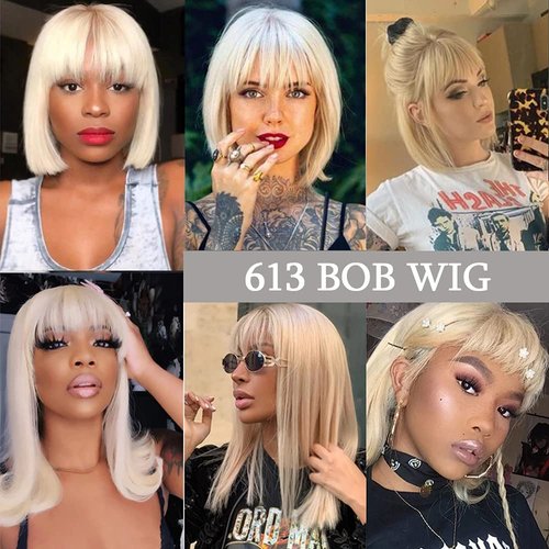 21AE Glueless Wigs Human Hair Bleached Knots, 613 Blonde Bob Wig with Bangs, Blunt Cut Silky Straight Realistic Look HD Lace 12 Inch Short Bob Wigs With Bangs, 100% Brazilian Human Virgin Hair Wigs