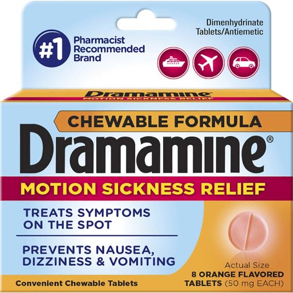 Dramamine Motion Sickness Relief Chewable Formula Orange Flavored Tablets, 8 count - Buy Packs and SAVE (Pack of 4)