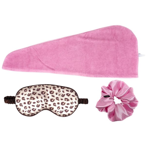 IUPTOWN CHIC Twist Microfiber Hair Towel Wrap for Women, Bathroom Essentials, Quick Drying Hair for Curly, Straight, Thick or Thin, Pack of 3 (Pink Drying Towel, Sleeping Mask, Scrunchie)