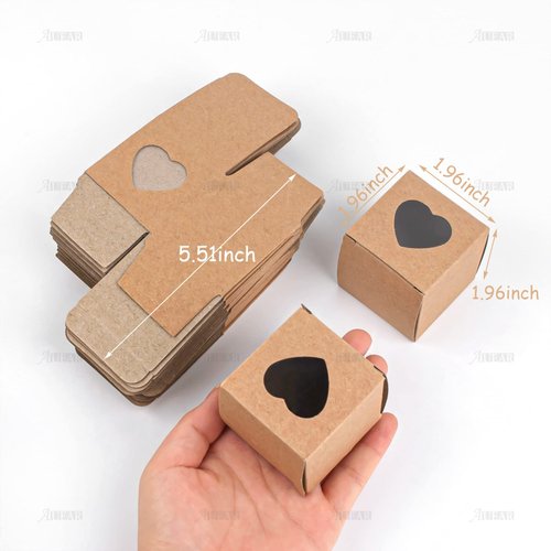 AUEAR, 50 Pack of Kraft Gift Boxes with Clear Plastic Heart Window 2x2x2 inch Black Treat Gift Boxes for Cake Candy Cookies Dessert