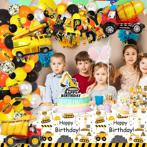 51 Pcs Construction 4th Birthday Party Supplies Dump Truck Four Years Old Tablecloth Paper Plates Napkins Forks Cups Dinnerware for Construction 4th Birthday Party Supplies Decorations