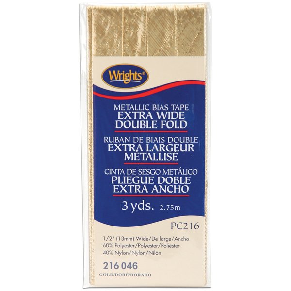 Wrights Double Fold Lame' Bias Tape 1/2" X3yd, Gold