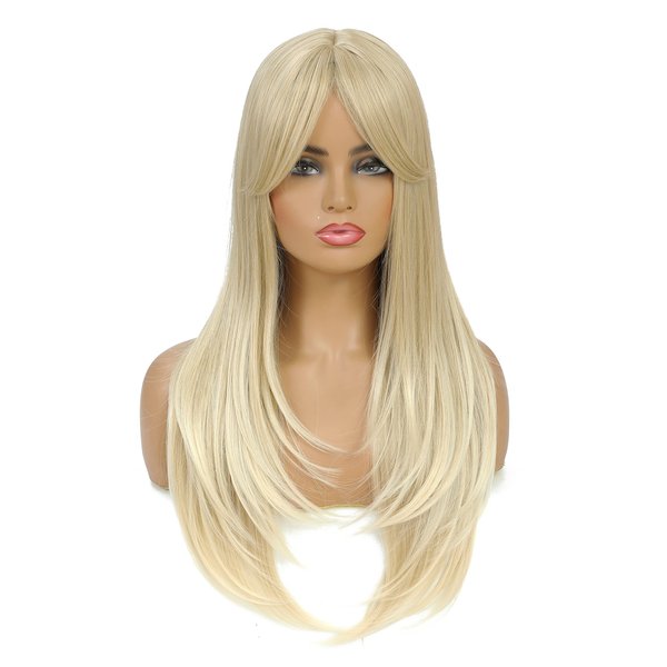 SWACC Long Layered Straight Wig with Bangs Synthetic Hair Wig for Women with Wig Cap (Light Blonde Ombre)